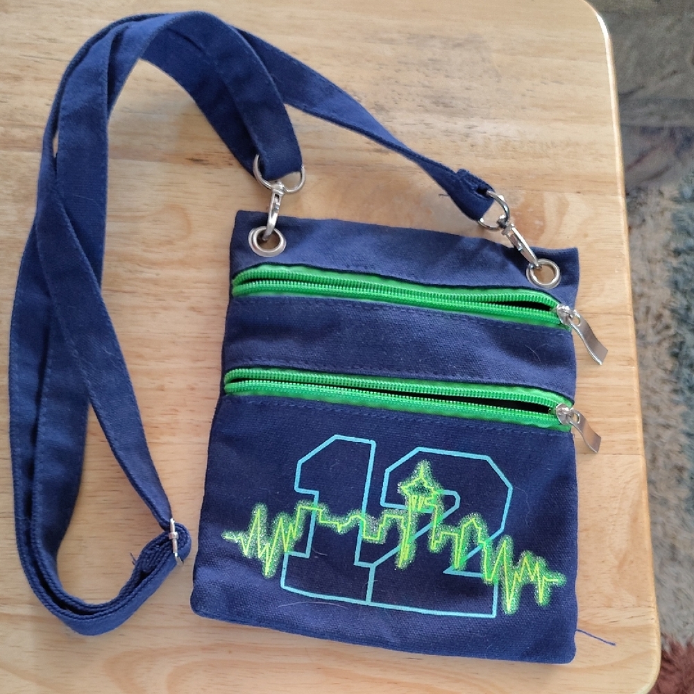 Blue Crossbody Bag with Green Zippers